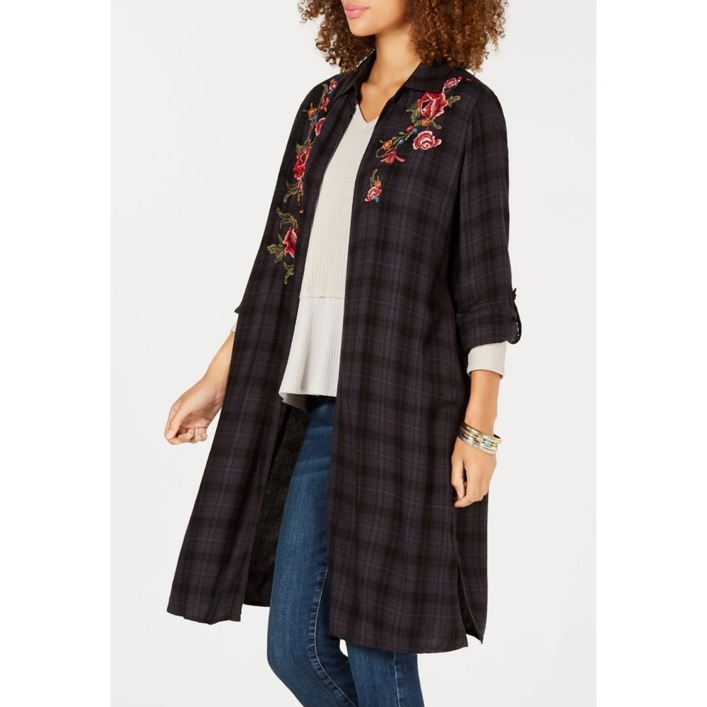 Style and Co. Flannel Floral Embroidered Dress Tunic Gray Black Button Up Layer